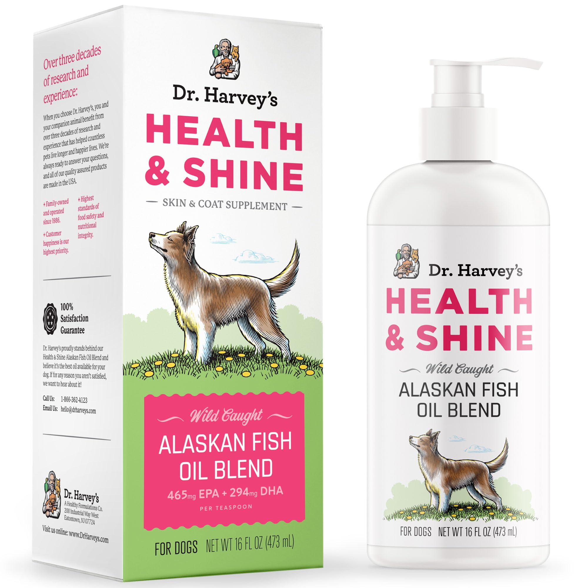 Dr. Harvey's Health & Shine: botella de aceite de pescado Alaska para pelaje saludable.