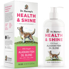Dr. Harvey's Health & Shine: botella de aceite de pescado Alaska para pelaje saludable.