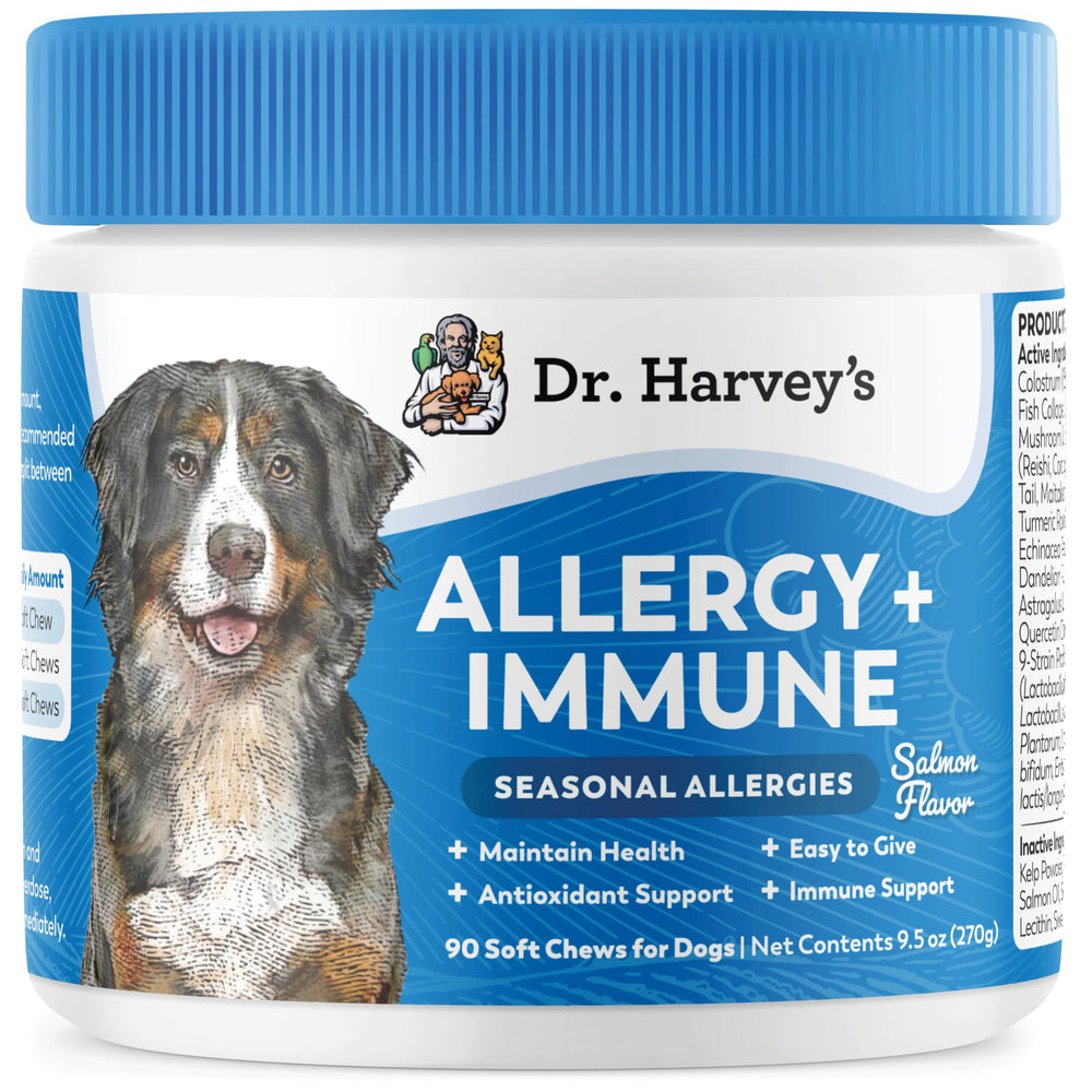 Frasco de Dr. Harvey's con masticables para alergias de perros y sabor a salmón.