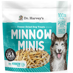 Dr. Harvey's Minnow Minis: empaque frontal, snack de pescado para entrenamiento y recompensa.