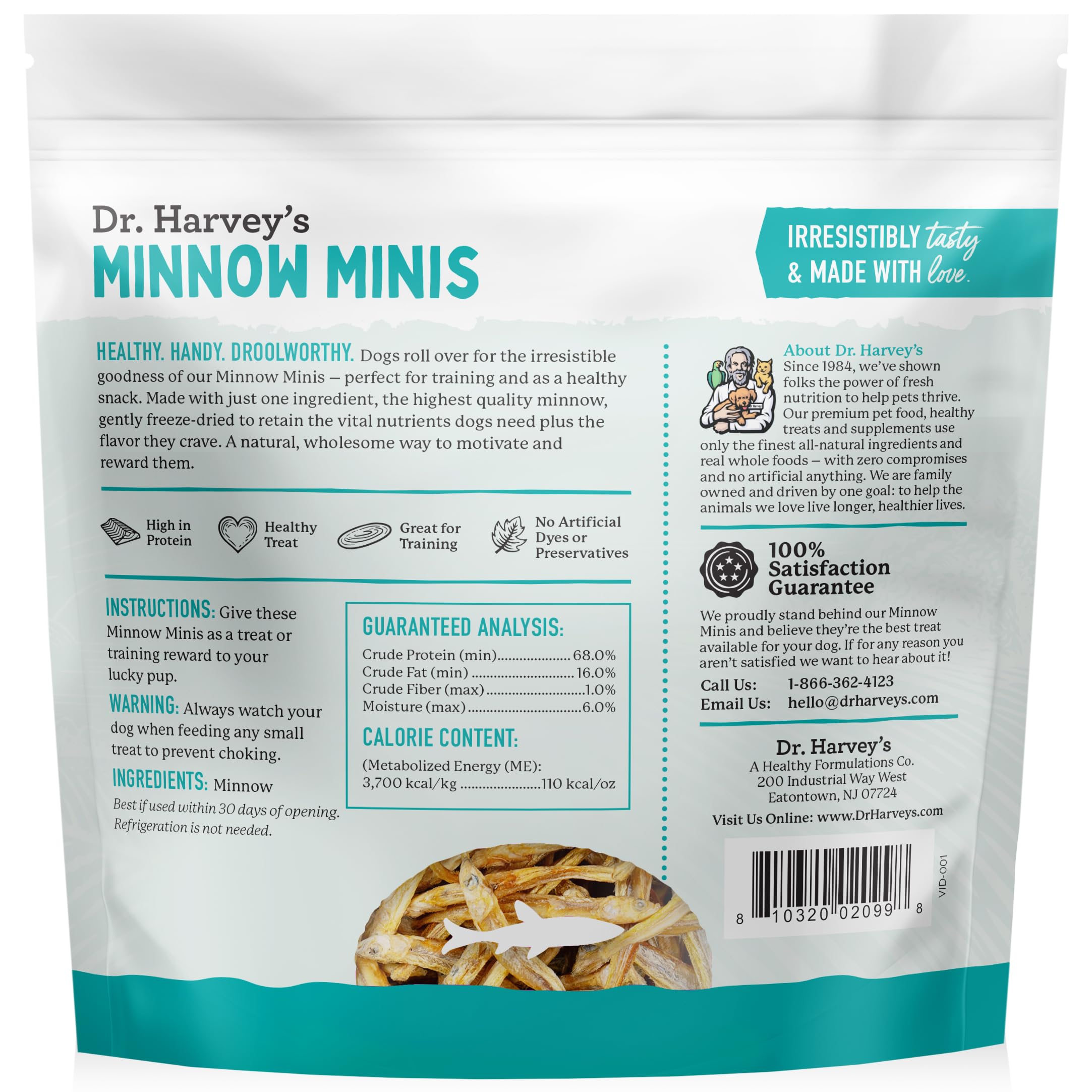 Dr. Harvey's Minnow Minis: trozos de pescado liofilizado, crujientes y altos en proteínas para premiar.