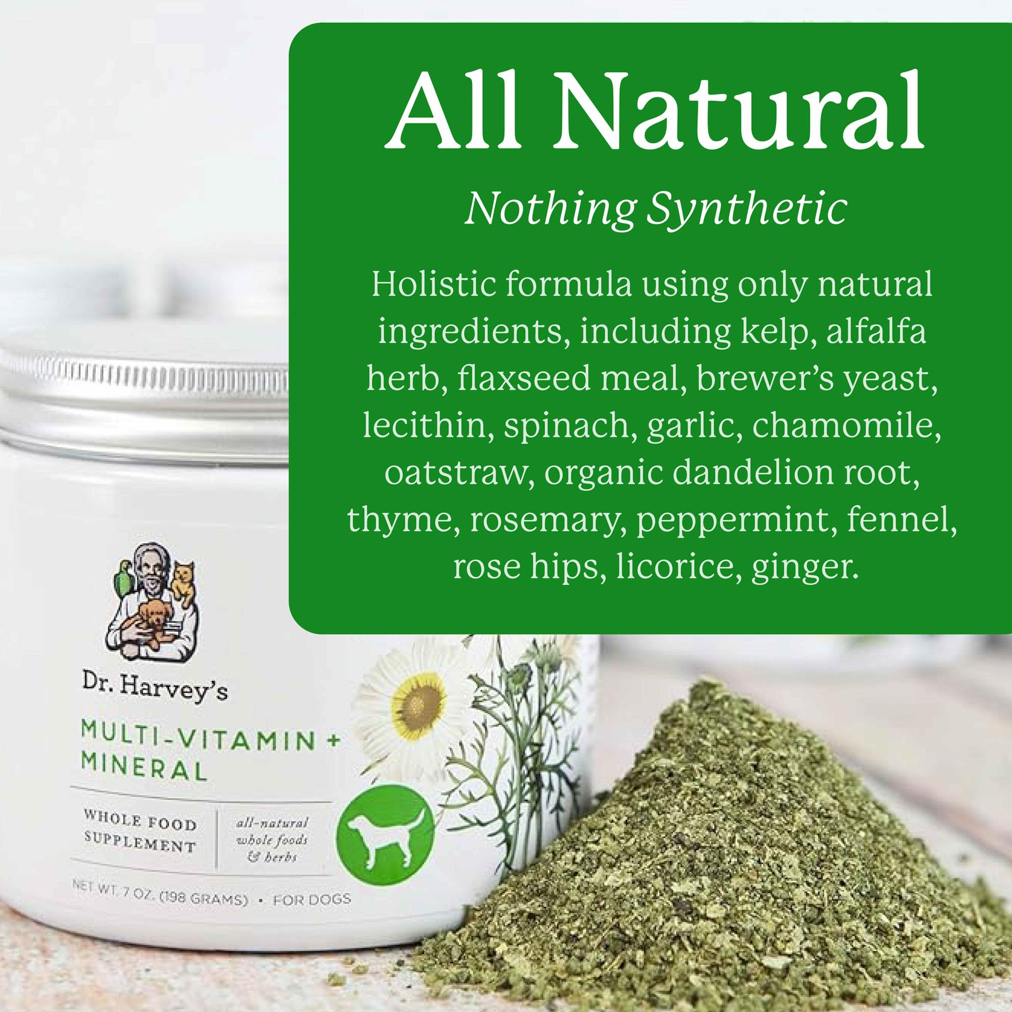 Dr. Harvey's multivitamínico natural para perros, apoya una vida enérgica.
