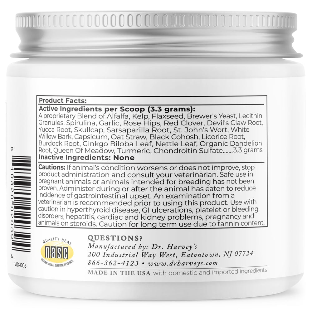 Dr. Harvey's Ortho-Flex etiqueta clara con lista de ingredientes.