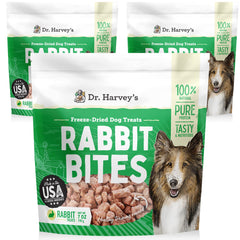 Dr. Harvey's Rabbit Bites frente del empaque, ideal para entrenamiento y recompensa saludable.