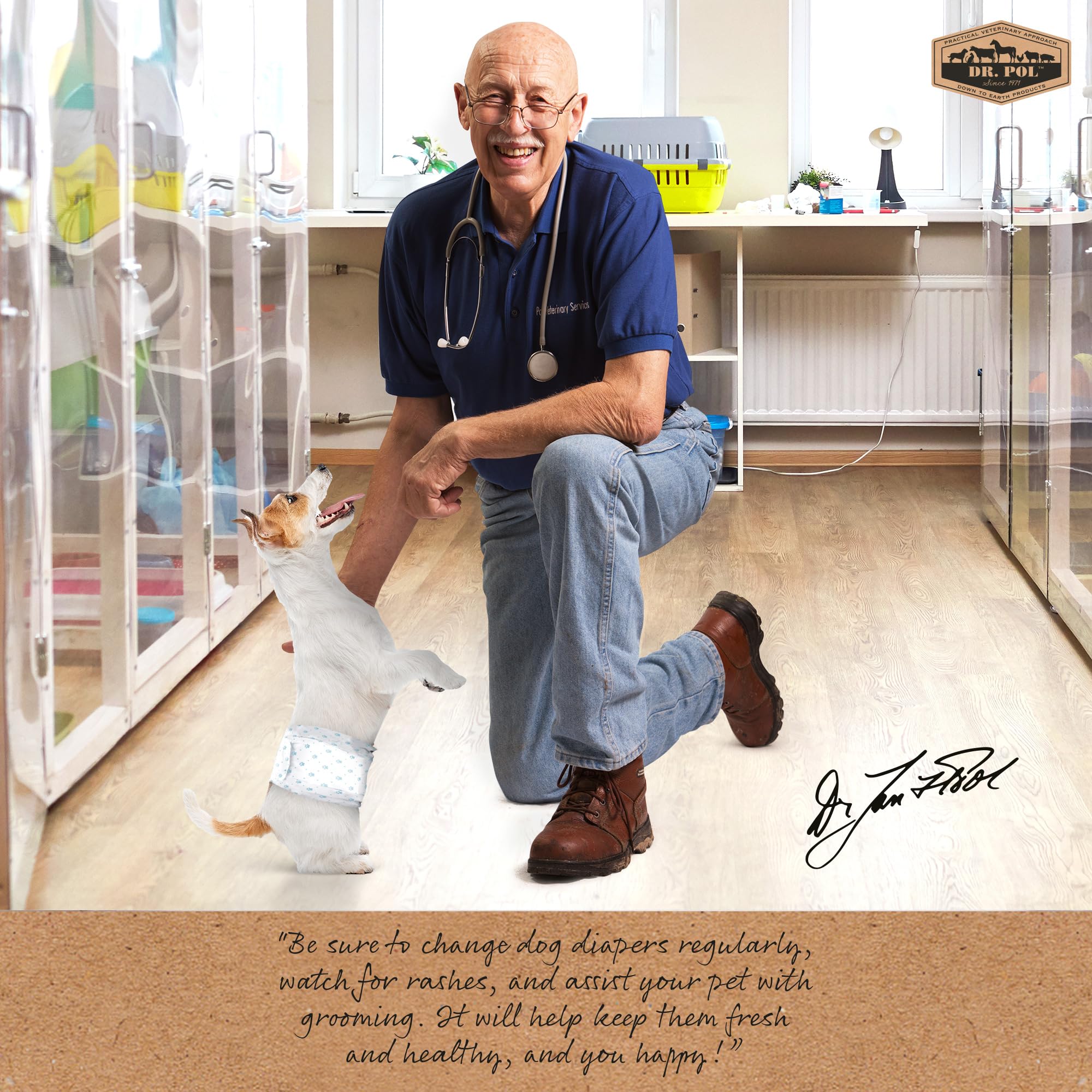 Pañales Dr. Pol para perros machos con cierre ajustable para un ajuste perfecto.