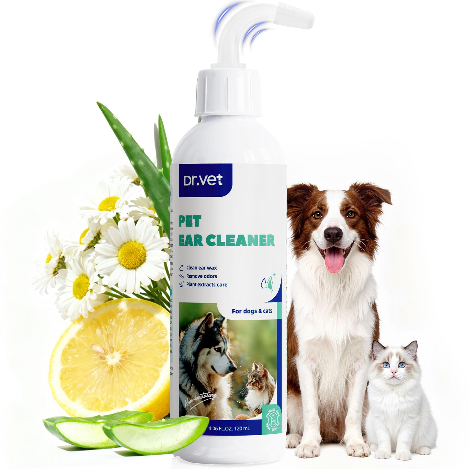 Dr Vet limpiador de oídos para perros y gatos, botella suave para aplicación controlada.