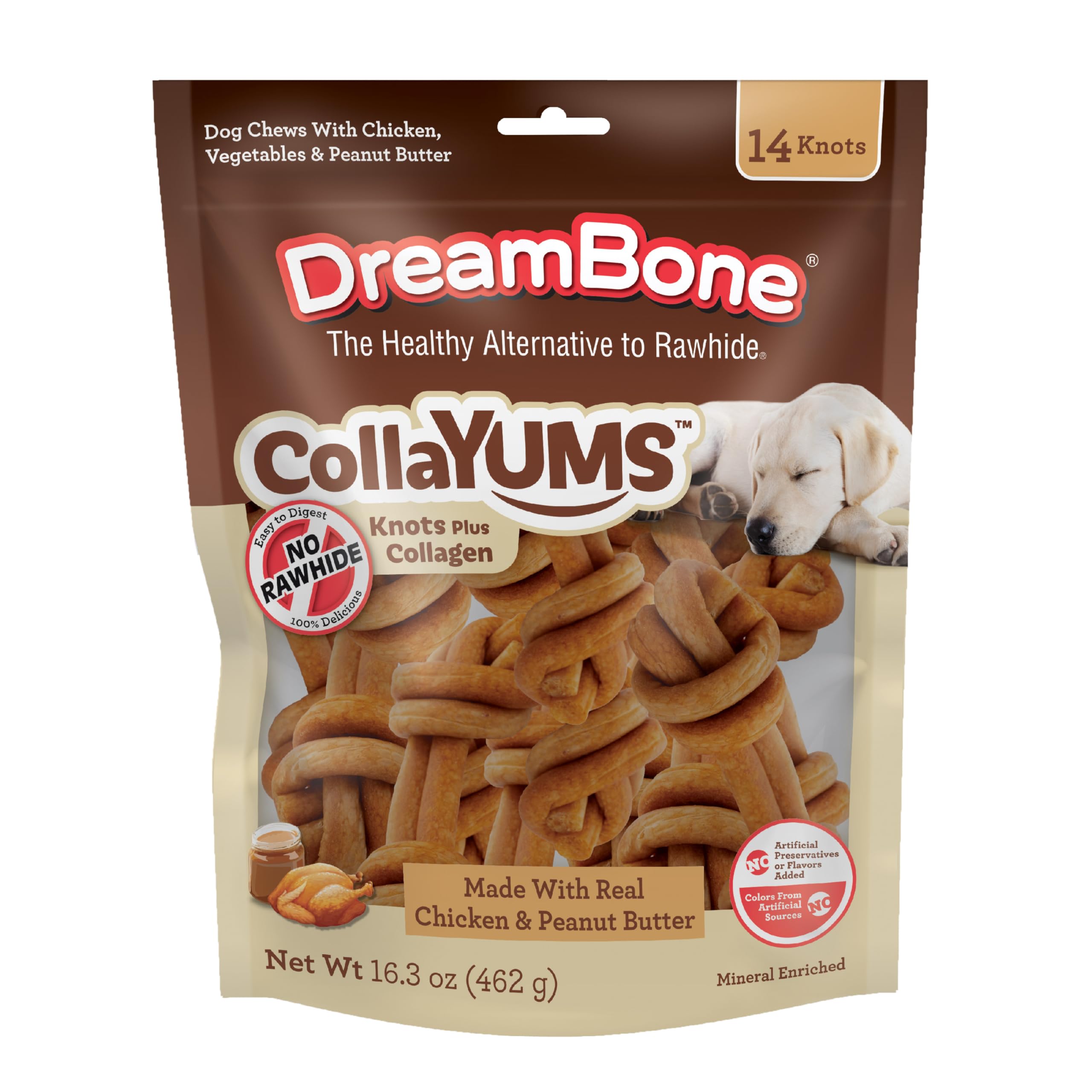 DreamBone CollaYums Nudos empacado frontal, snack sin cuero crudo para perros activos.