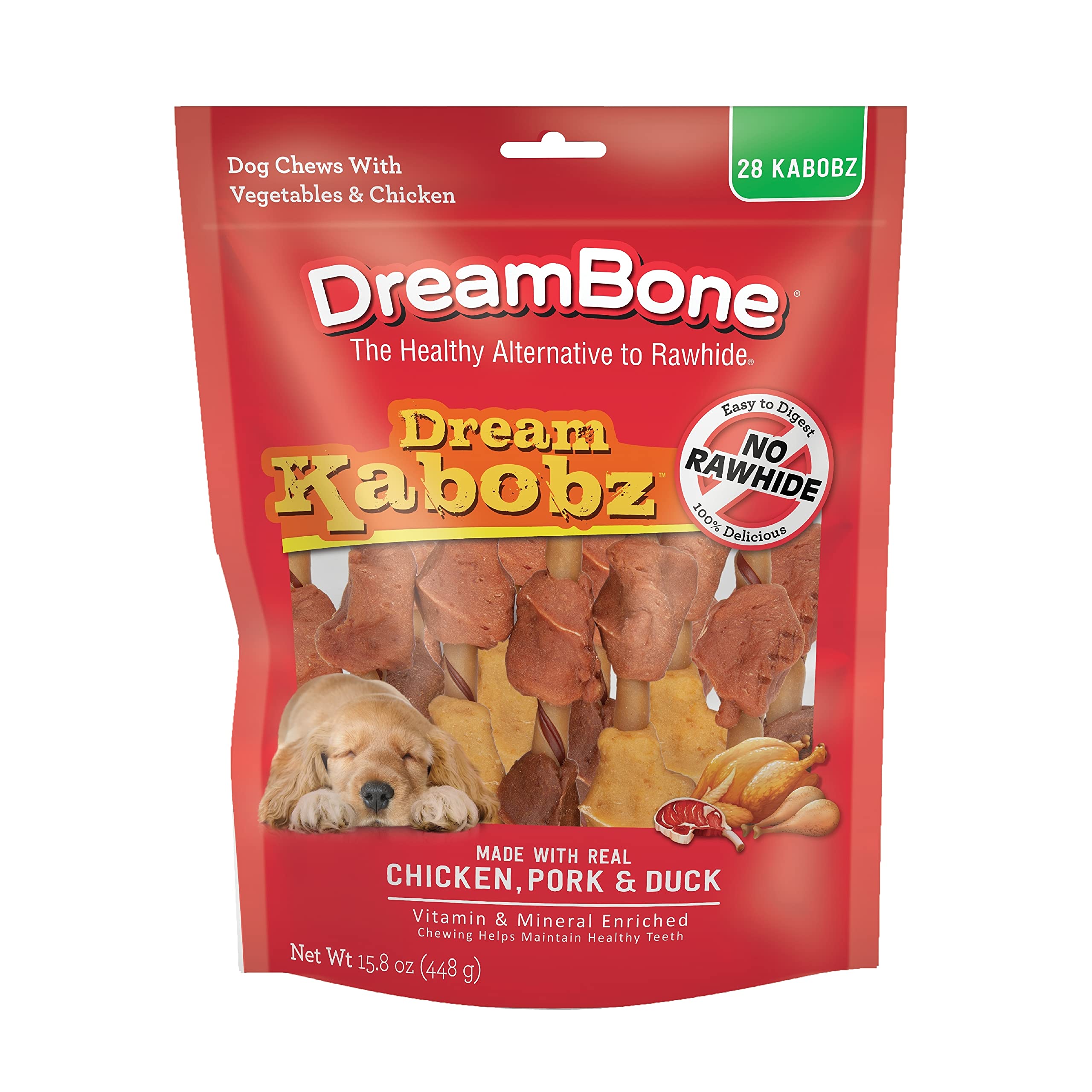 DreamBone Dream Kabobz emballage 28 pièces, friandise sans cuir pratique pour chiens.
