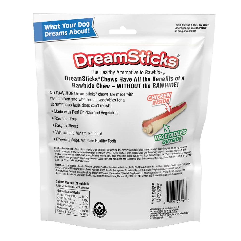 DreamSticks con pollo real y vegetales, snack sabroso.