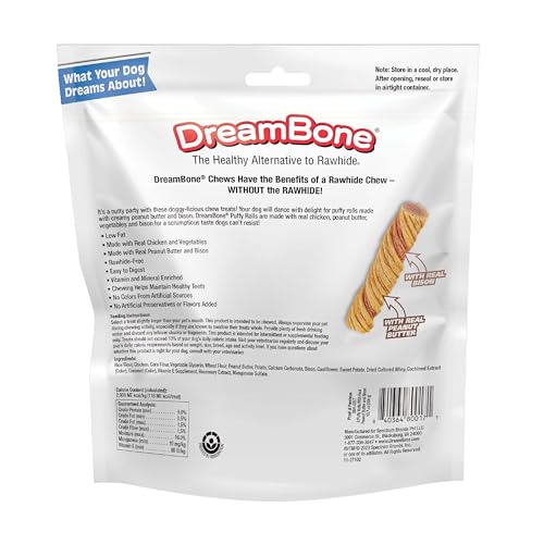 DreamBone Puffy Rolls: mantequilla de cacahuete real, sabor sabroso para perros.
