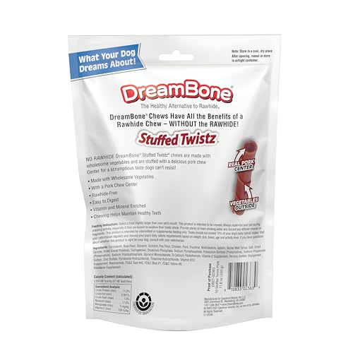 DreamBone Stuffed Twistz sabor pollo y verduras promueve juego y limpieza dental.