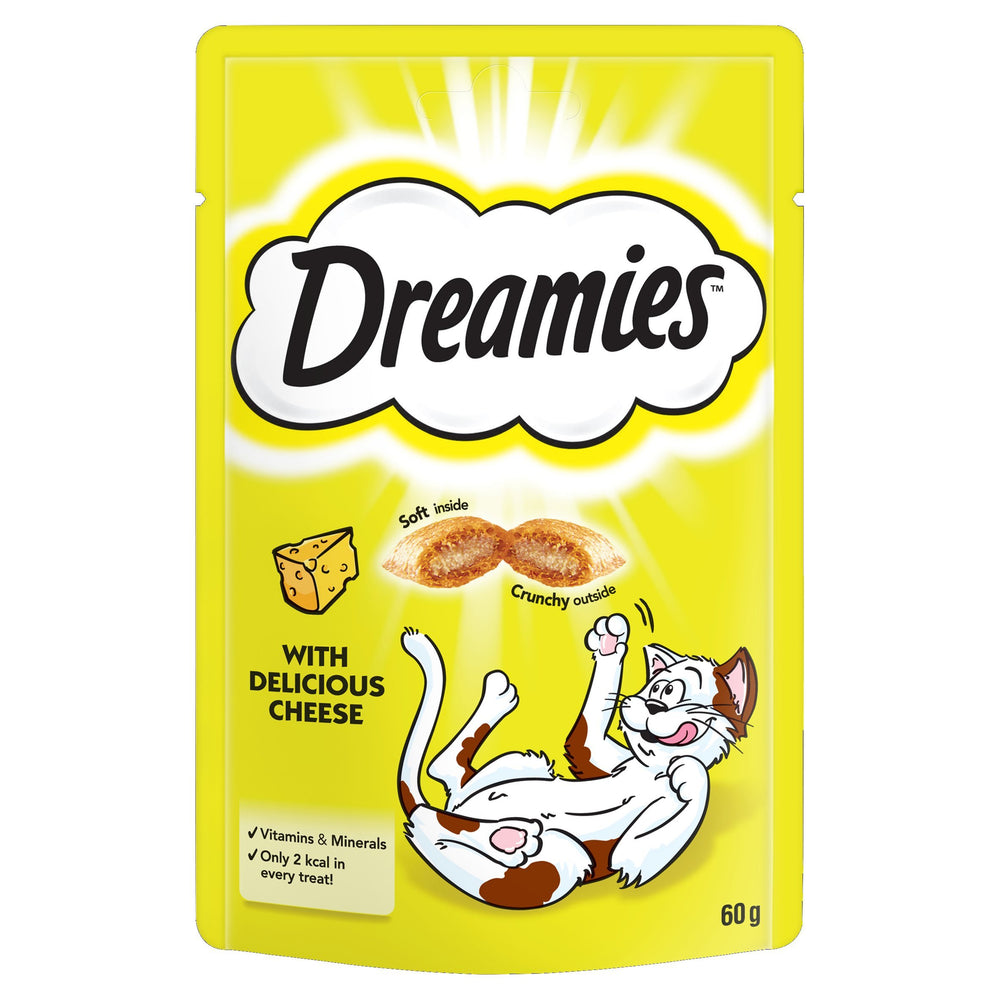 Dreamies queso-gato-premio: recompensa sabrosa para gatos y juego diario.
