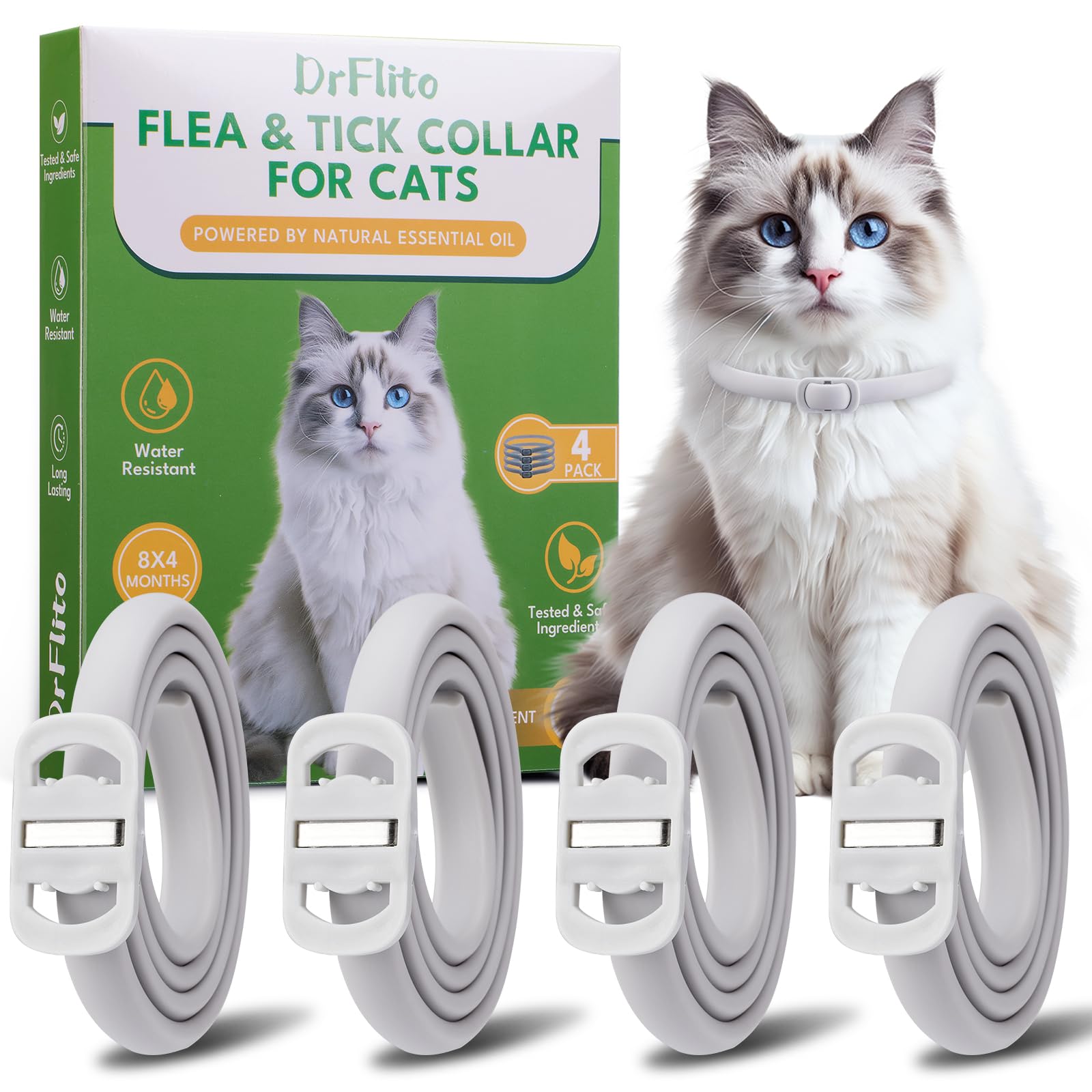 DrFlito collar antipulgas para gatos en uso, protección duradera para pelaje sano.