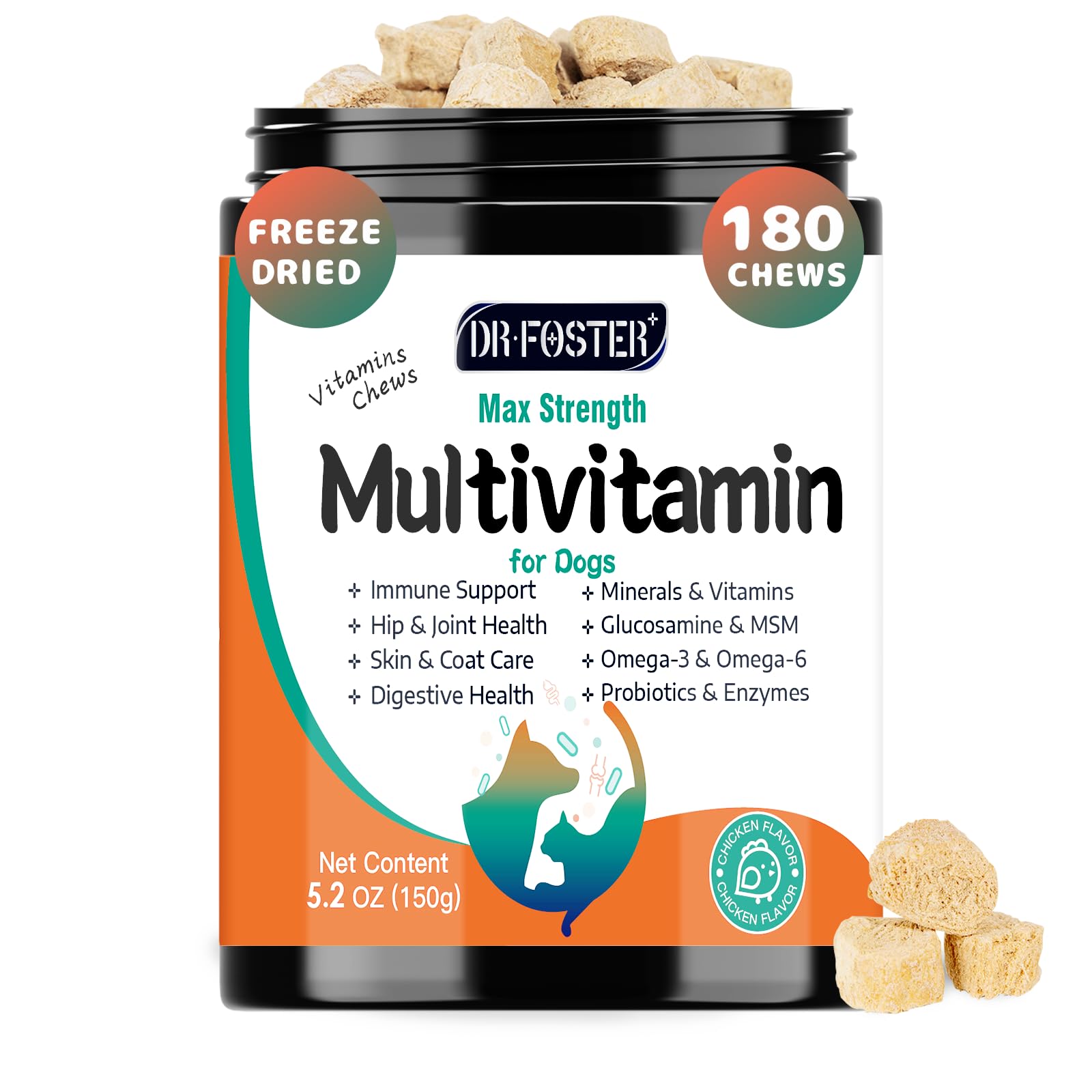 DRFOSTER multivitamínico para perros: 180 bocados para apoyar la salud general.