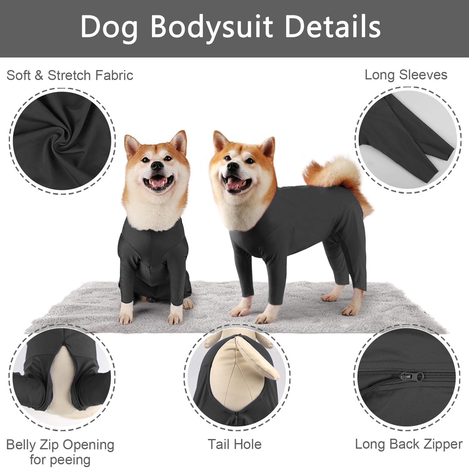 Traje canino Due Felice con cierre barriga-cola facilita salidas sin quitarse.