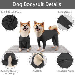 Traje canino Due Felice con cierre barriga-cola facilita salidas sin quitarse.