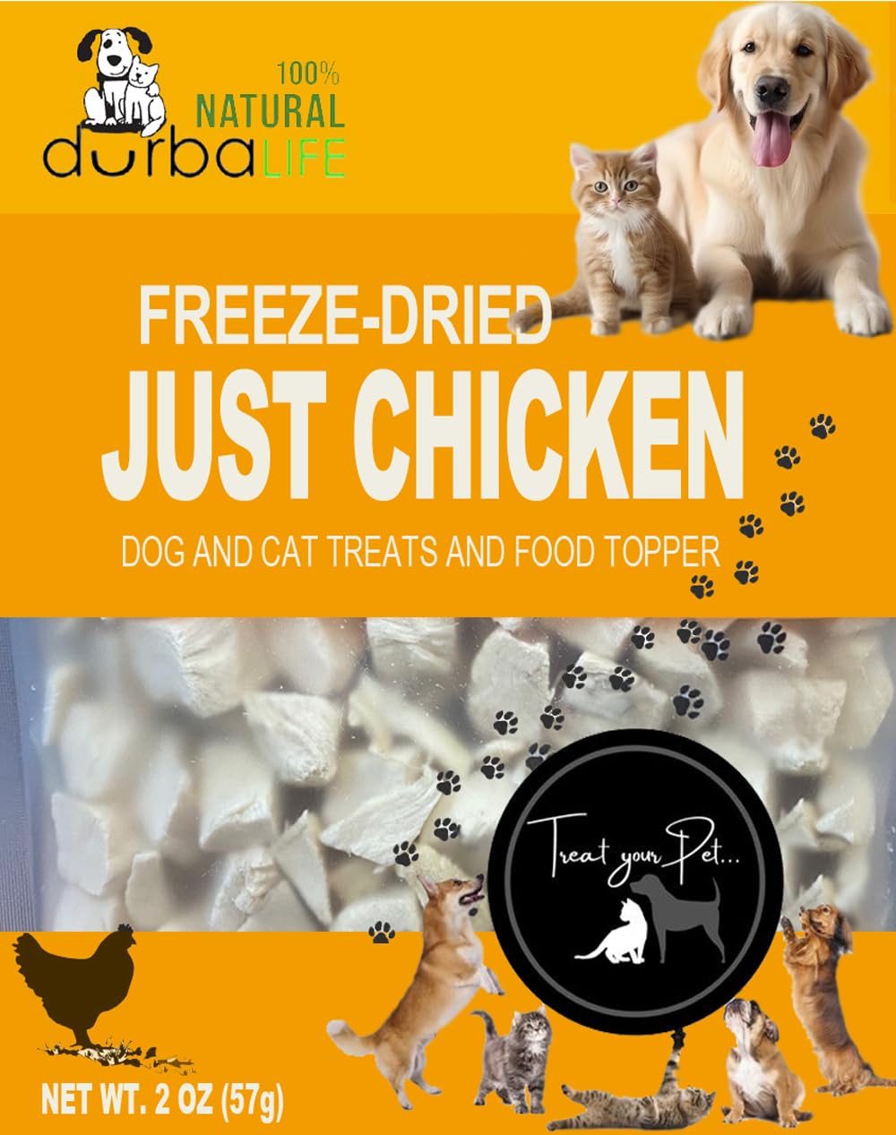 DurbaLife empaque muestra bocados de pollo deshidratados, snack sabroso para mascotas.