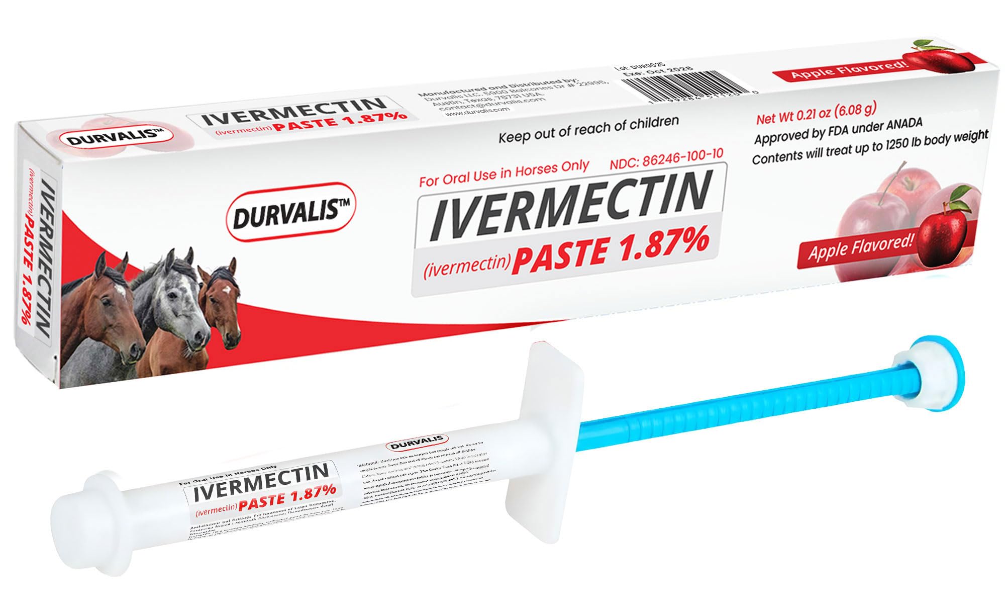 Pasta vermectina DURVALIS sabor manzana en empaque para desparasitar caballos de forma suave.