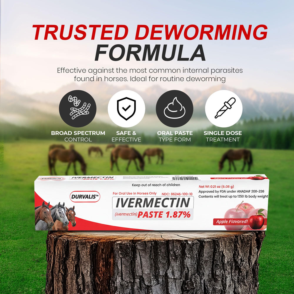 Pasta vermectina DURVALIS sabor manzana para caballos, facilita la administración diaria.