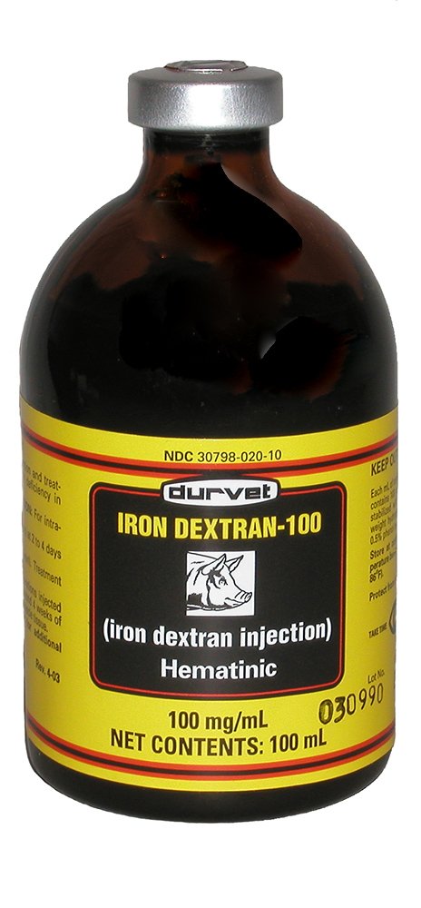 Botella de Durvet dextrano de hierro para perros, seguro y uso práctico.