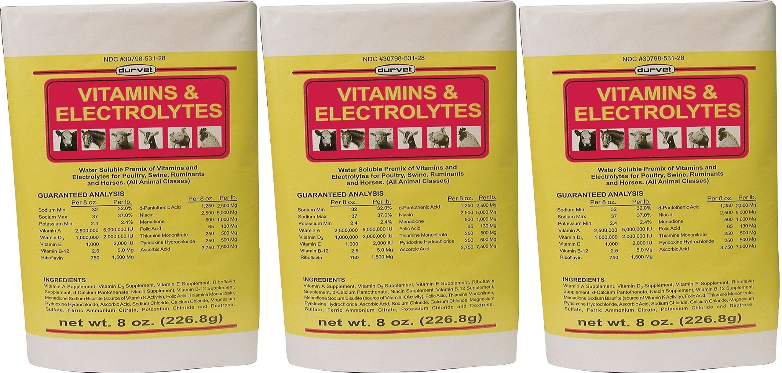 Durvet vitaminas y electrolitos 8 onzas, pack de tres, ideal para apoyar la hidratación.