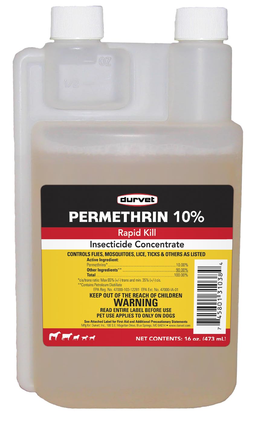 Durvet Permethrin EC 10% 16 oz, botella lista para aplicación segura en perros.