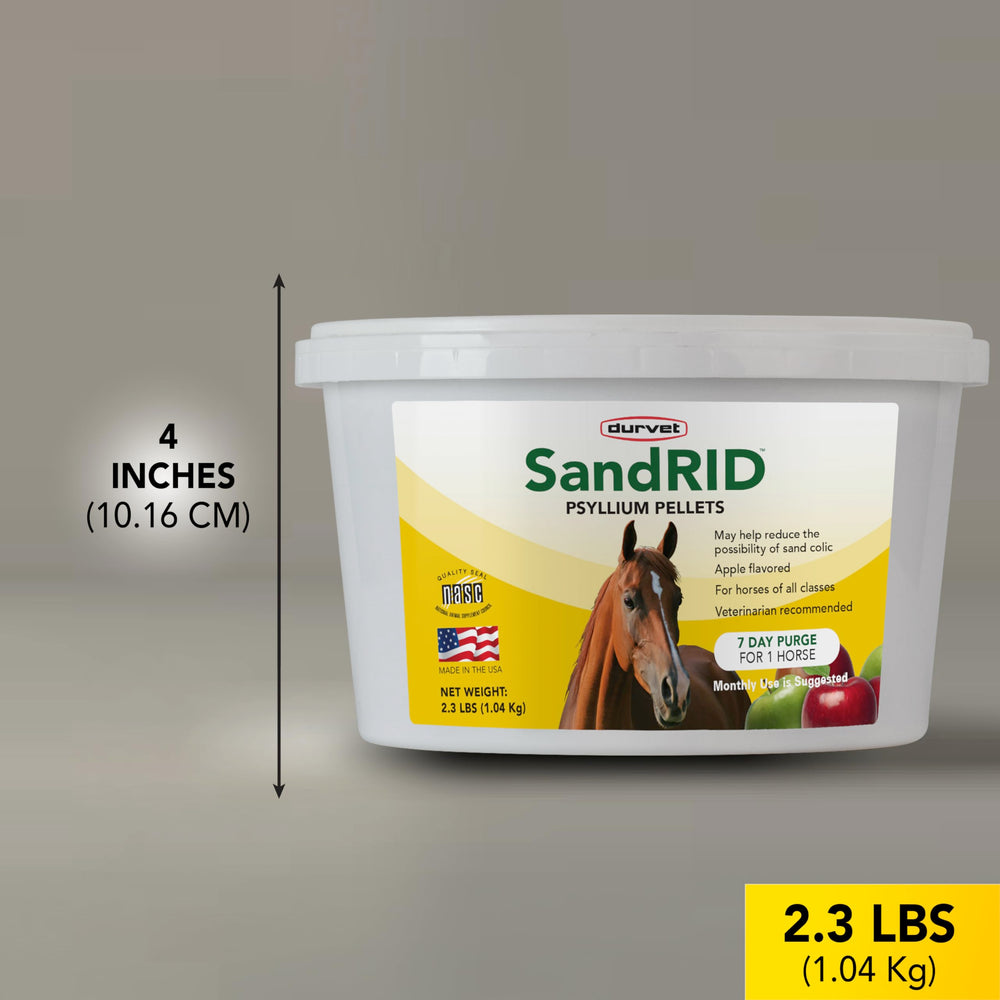 Durvet Sandrid Psyllium Gránulos, formato pellet para alimentación rápida y simple.