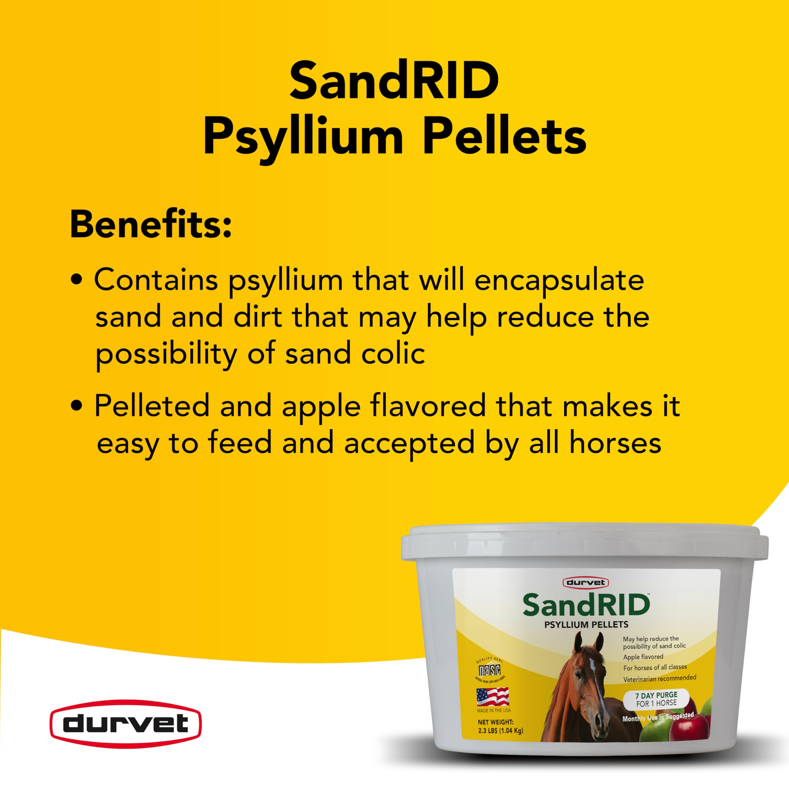 Durvet Sandrid Psyllium Gránulos, caja de 5 libras, fácil almacenamiento.