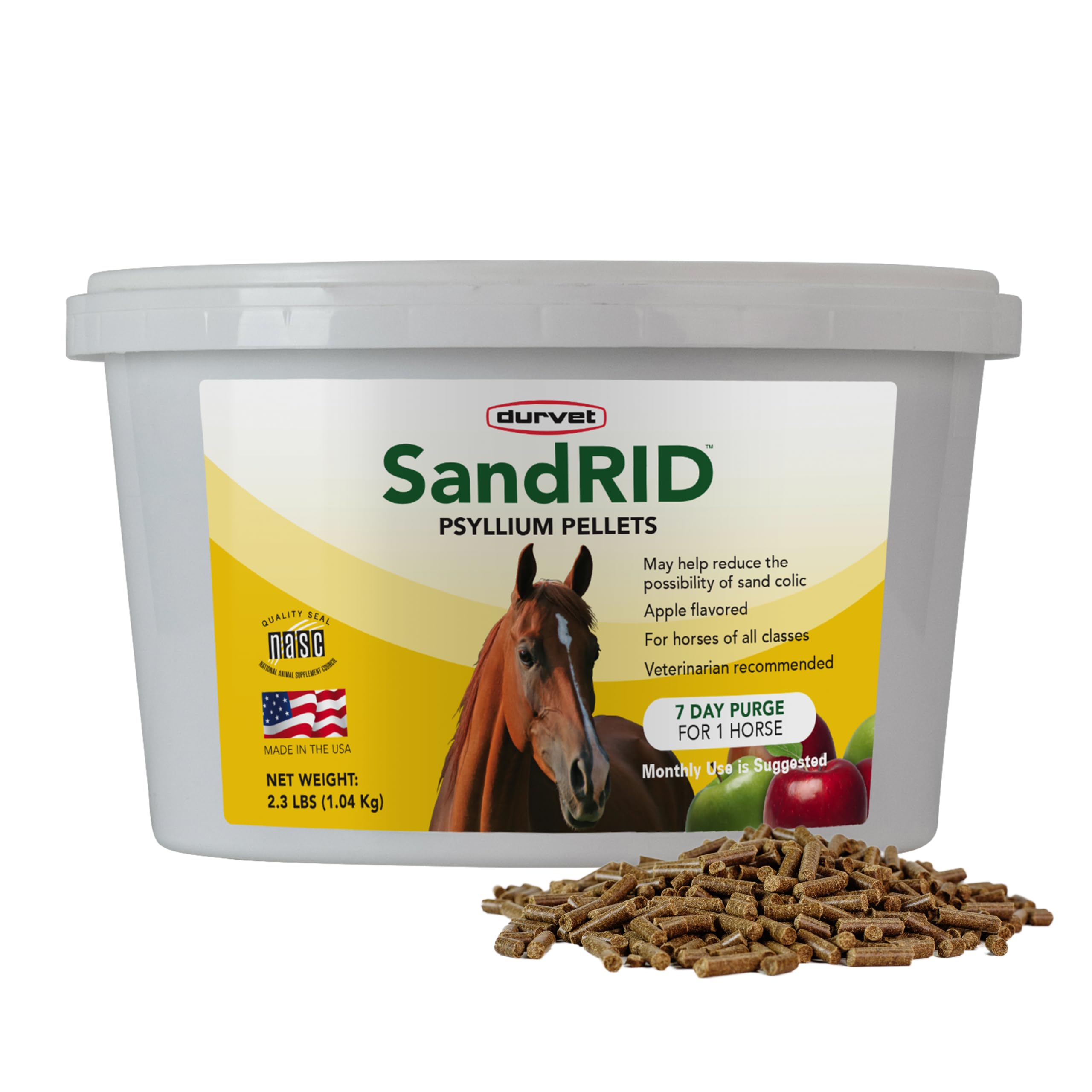 Durvet Sandrid Psyllium Gránulos, empaque práctico para la rutina diaria del caballo.