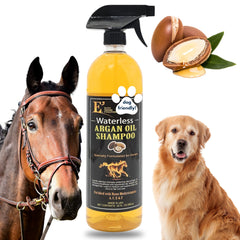 E3 Argan sin agua champú para caballos, botella de 32 onzas lista para uso rápido.