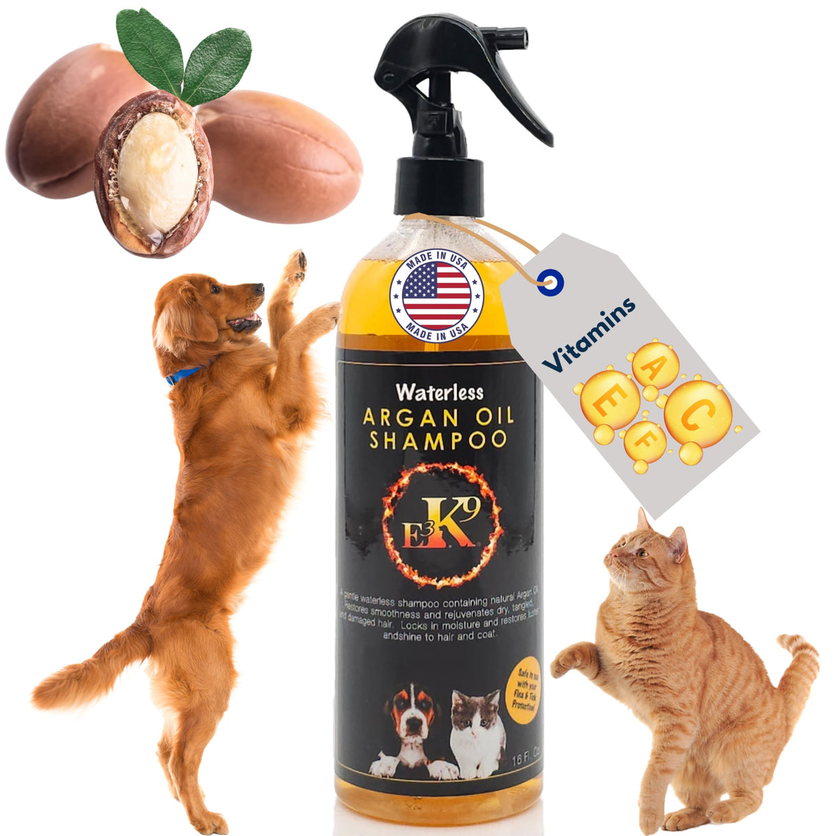 E3 champú sin agua para perros y gatos, botella de argán para baño rápido.