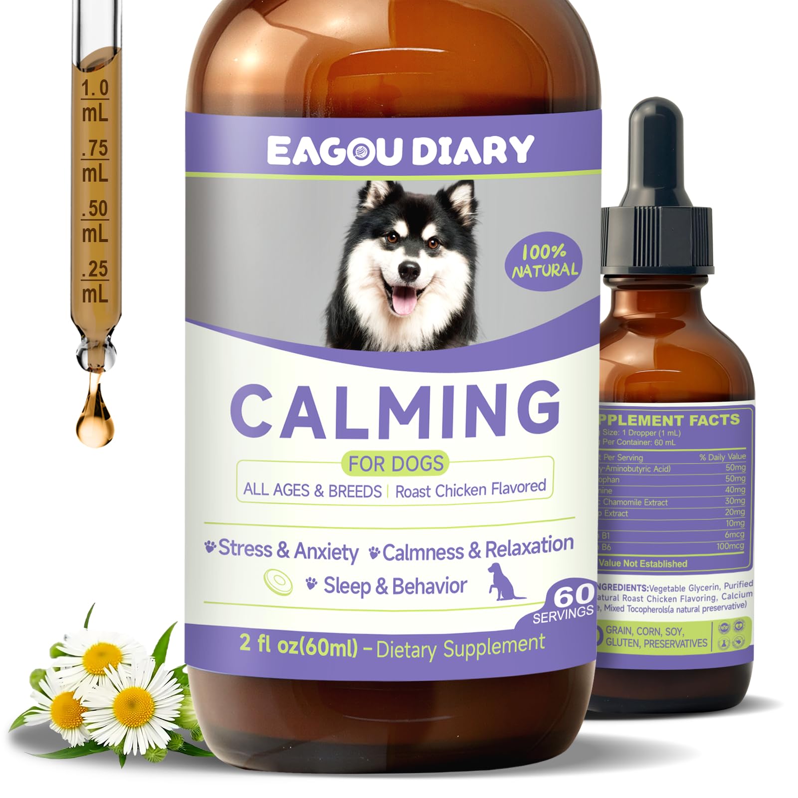 Gotas calmantes Eagou Diary para perros en botella promueven relajación y bienestar.