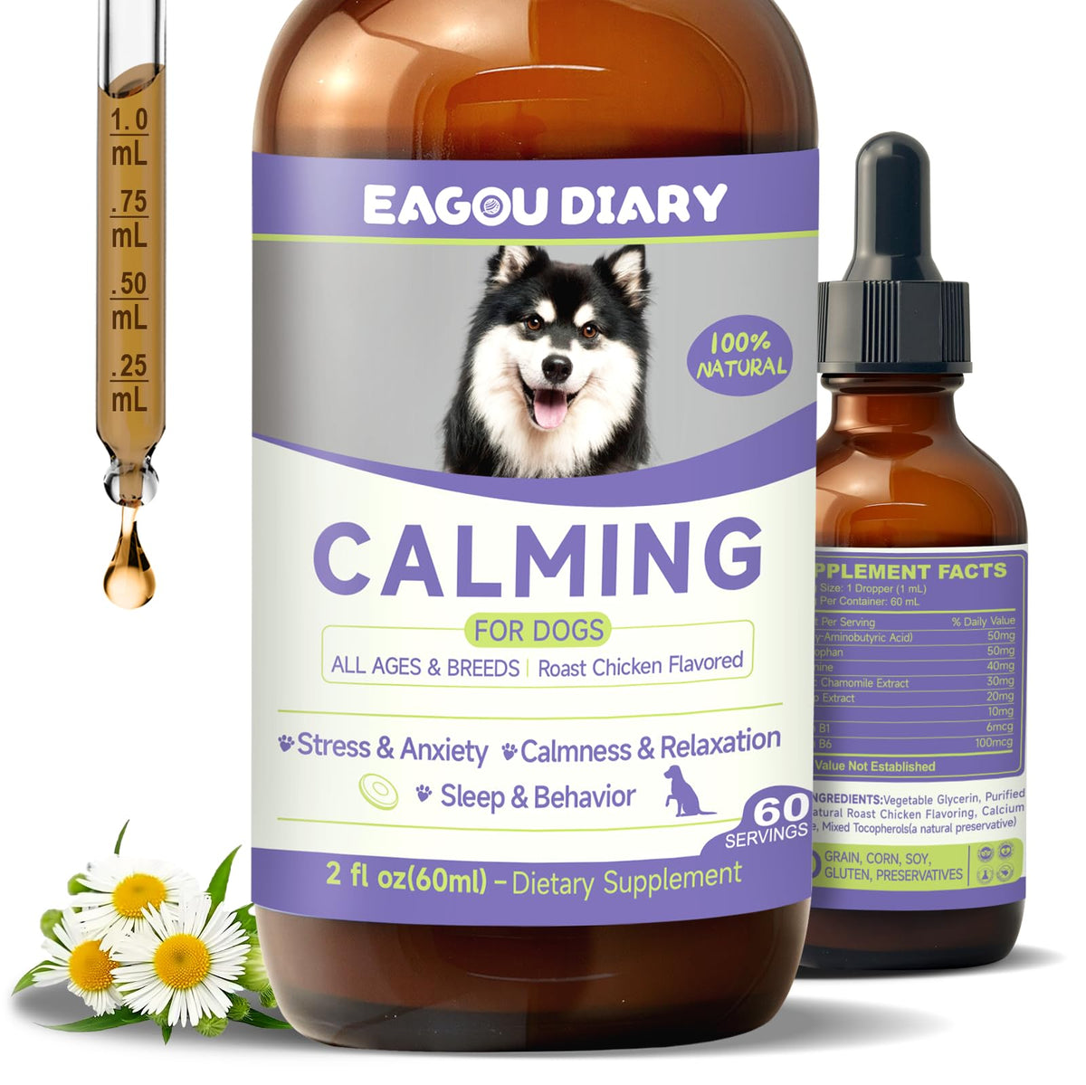 Gotas calmantes Eagou Diary para perros en botella promueven relajación y bienestar.