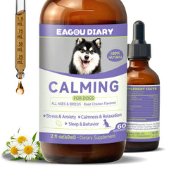 Gotas calmantes Eagou Diary para perros en botella promueven relajación y bienestar.