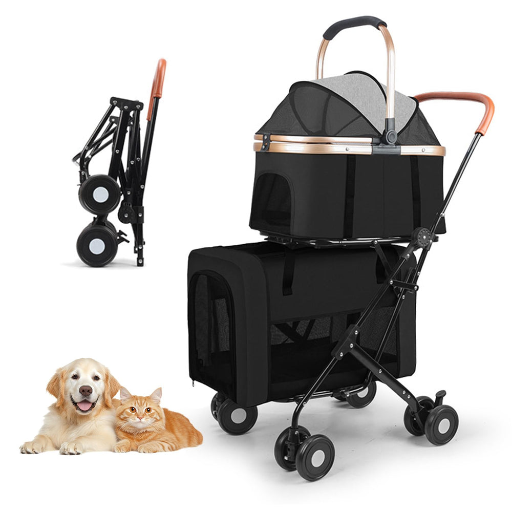 Carrito doble Eanpet para dos perros y dos gatos, ideal para paseos cómodos.