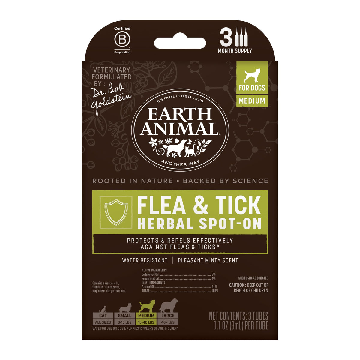 Earth Animal Apothecary spot-on natural: protección suave contra pulgas y garrapatas para perros medianos.