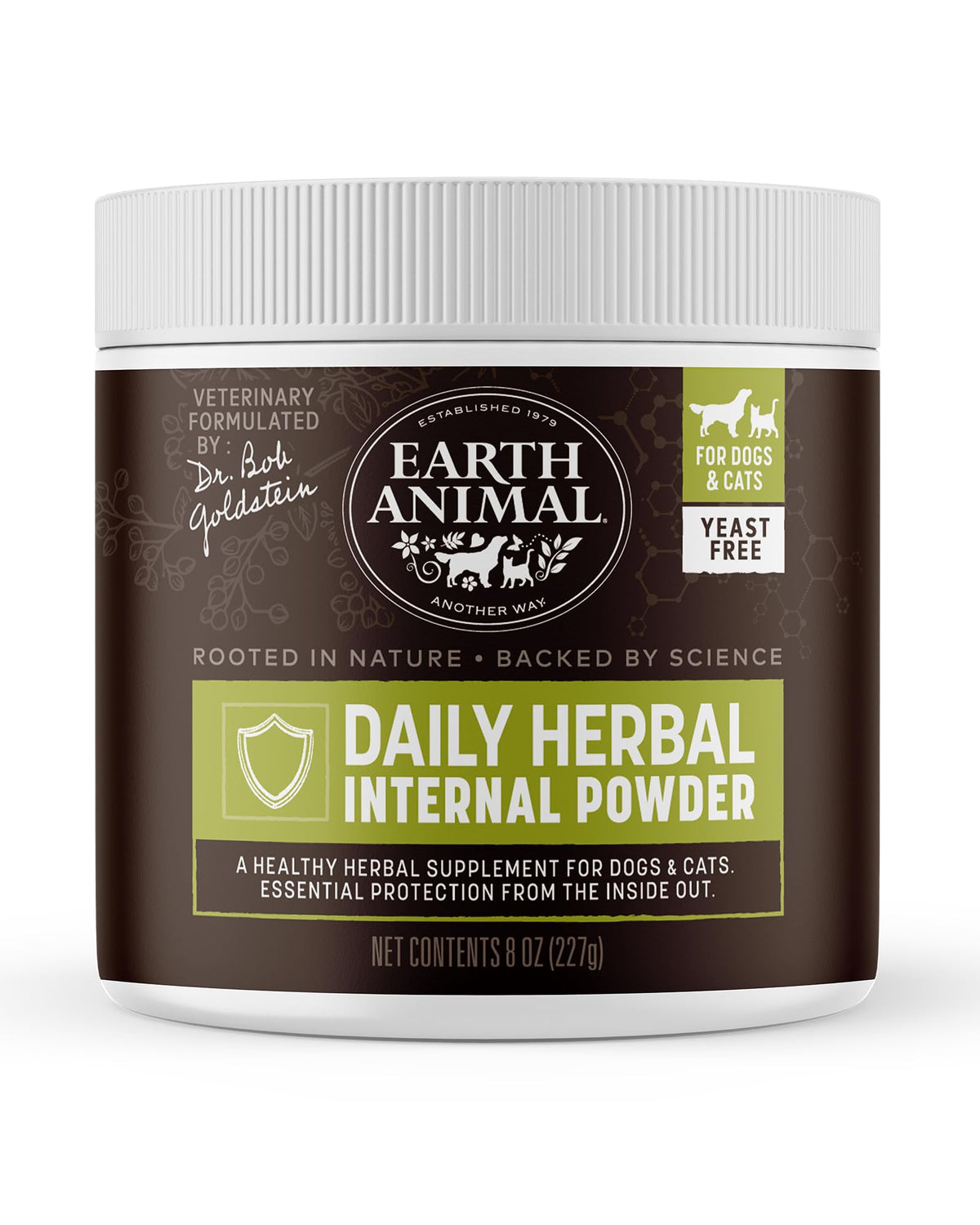 Polvo herbal de Earth Animal Apothecary para protección natural de perros y gatos.