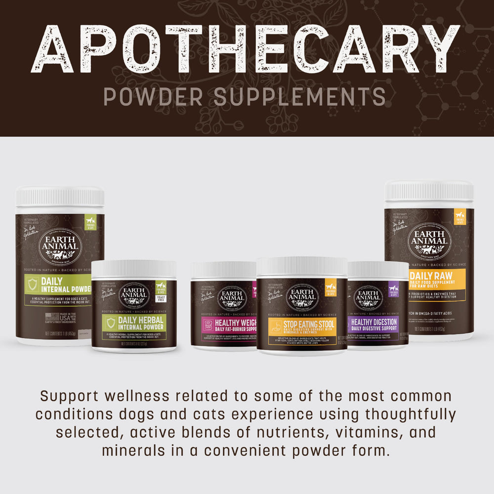 Earth Animal Apothecary Powder mide porciones para perros y gatos, uso sencillo.