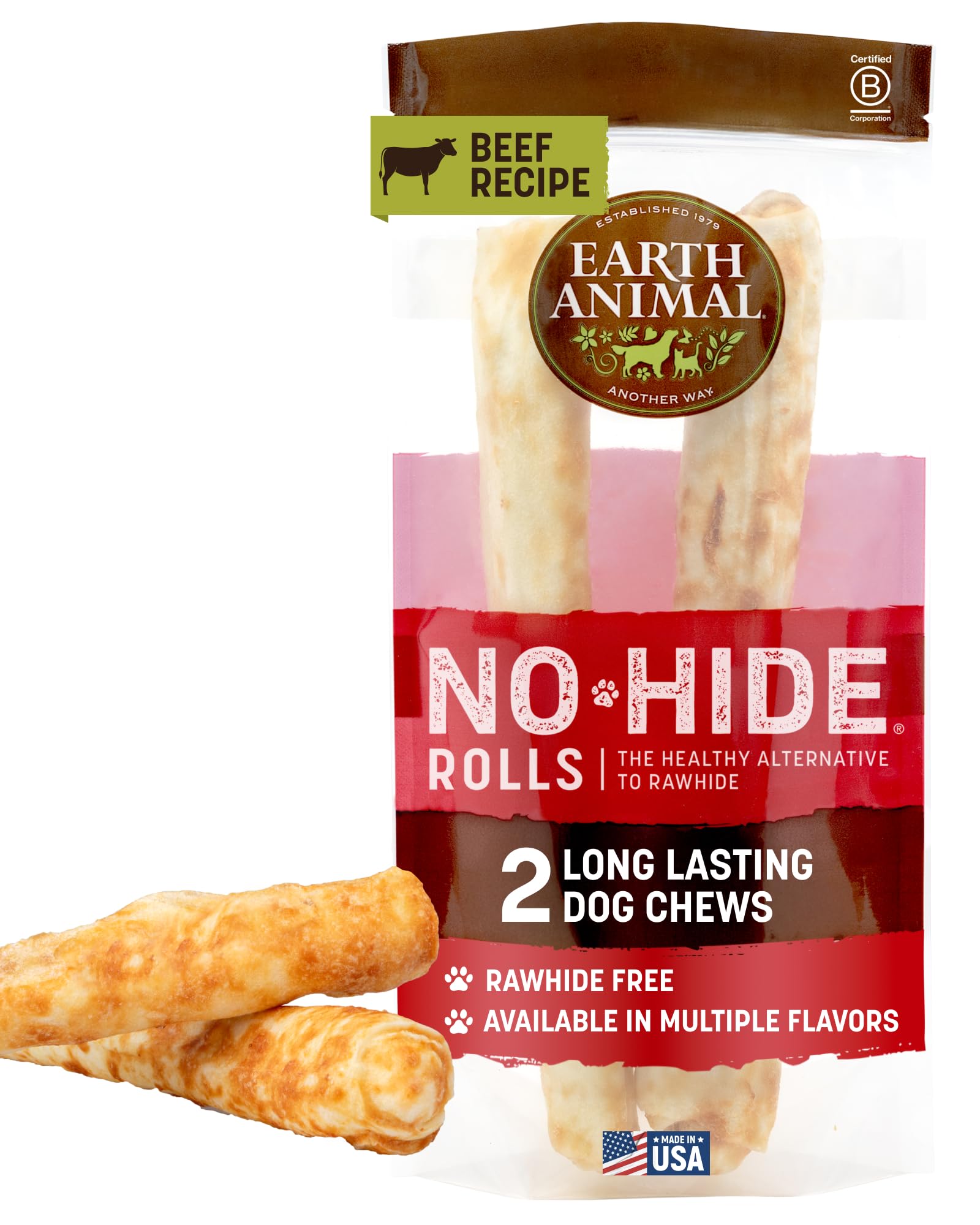 Earth Animal No Hide Chews, para perros grandes, masticación duradera y sin piel.