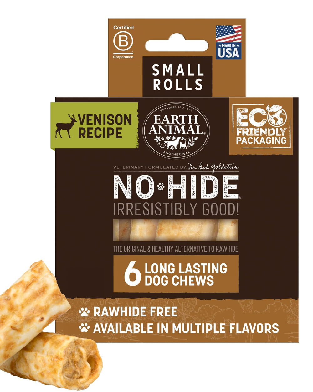 Earth Animal No Hide Chews rodajas de venado para perros pequeños, masticación prolongada