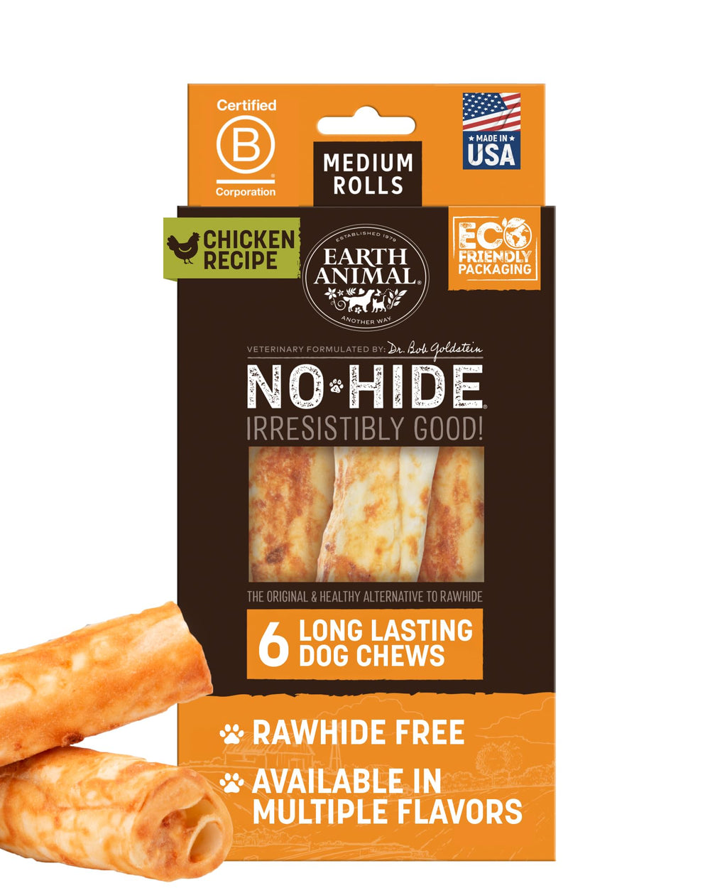 Earth Animal No Hide Chews rollos medio pollo, mordida duradera para perros medianos.