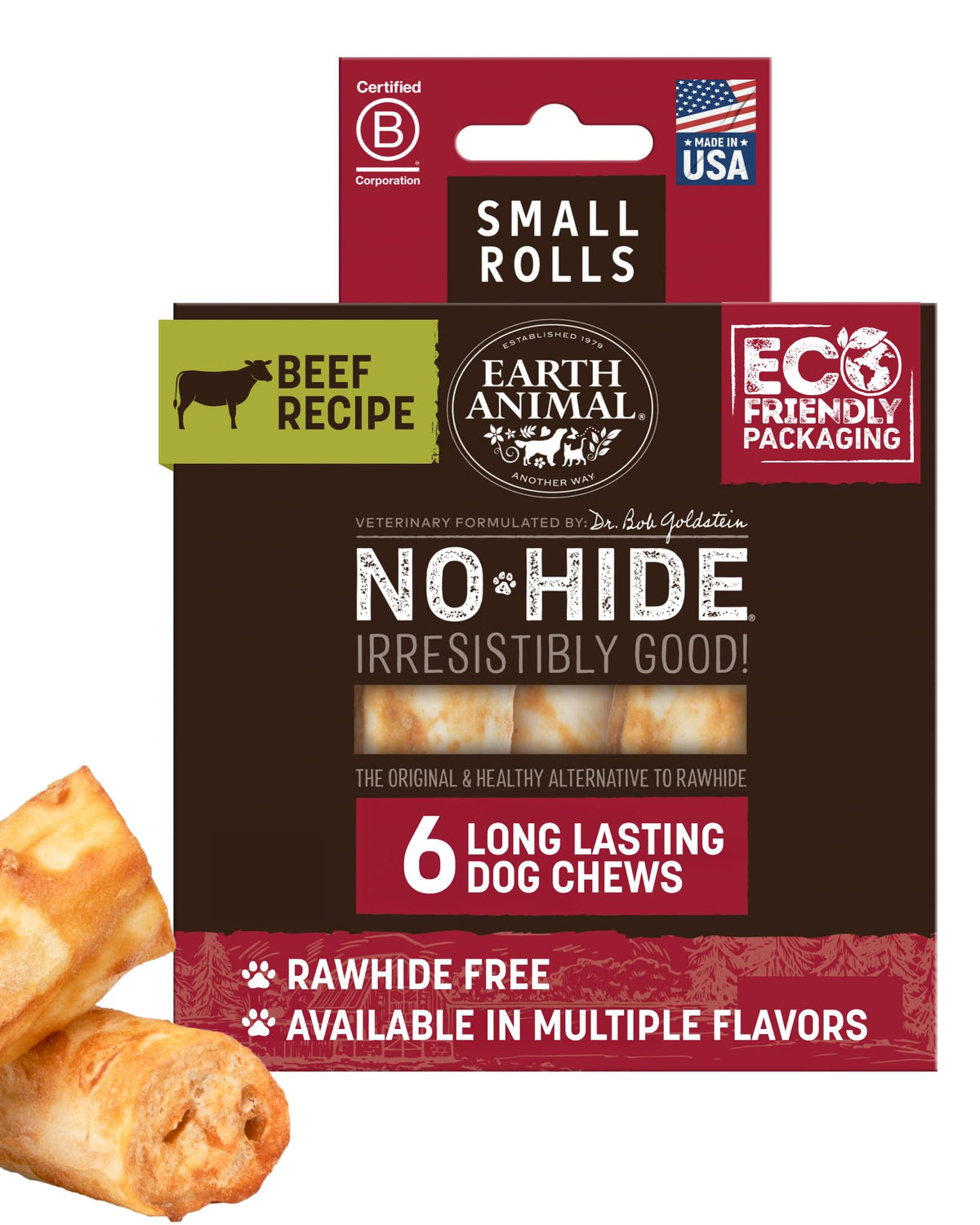 Earth Animal No Hide Chews: rollos para perros pequeños de carne, masticación segura.