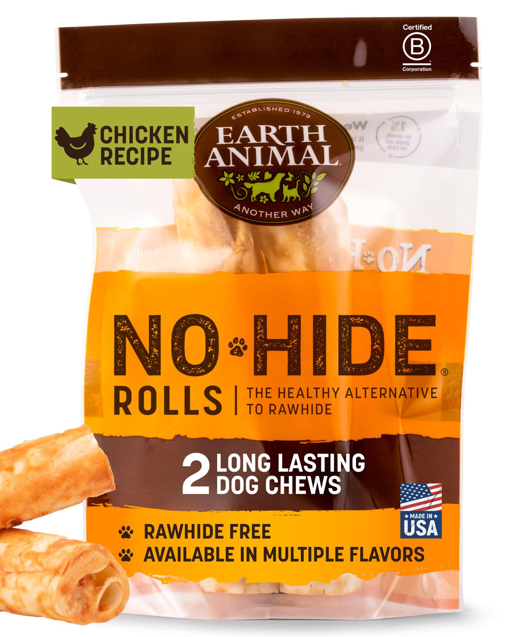 Earth Animal No Hide Chews: rollos de pollo para masticación prolongada sin cuero.
