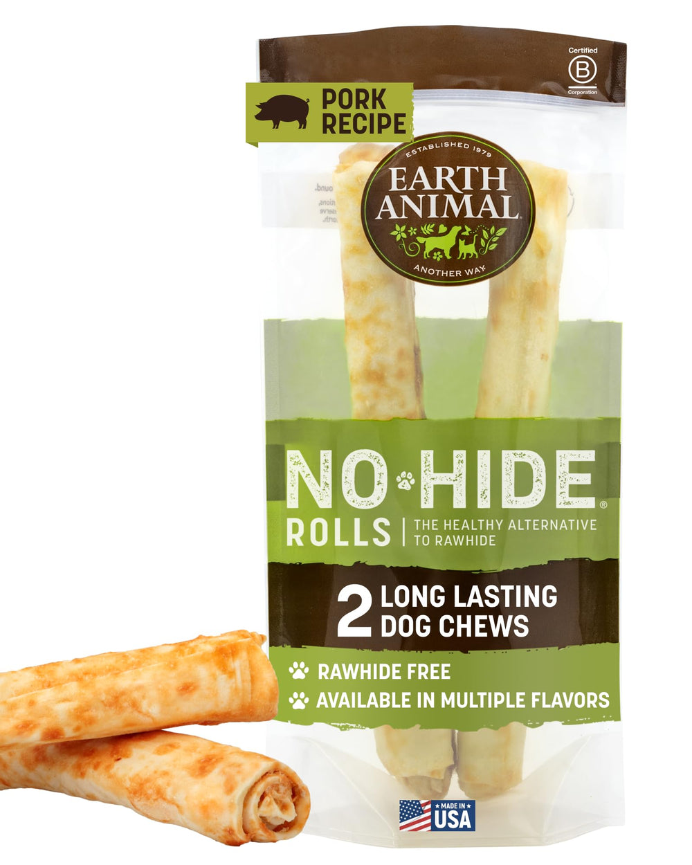 Earth Animal No Hide Chews: rollos de cerdo grandes para masticación prolongada.