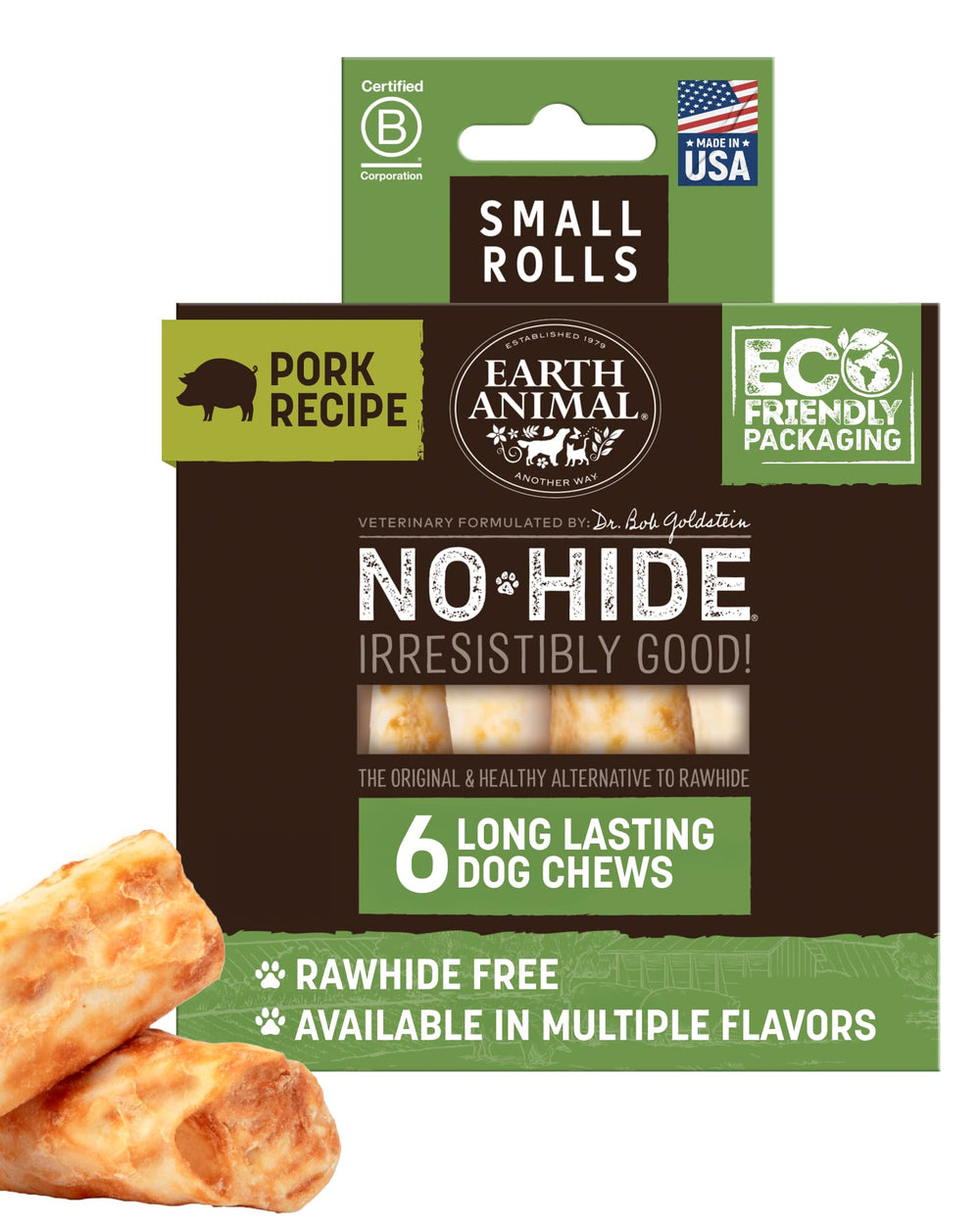 Earth Animal No Hide Chews, rollos de cerdo para perros pequeños, masticación segura y duradera.