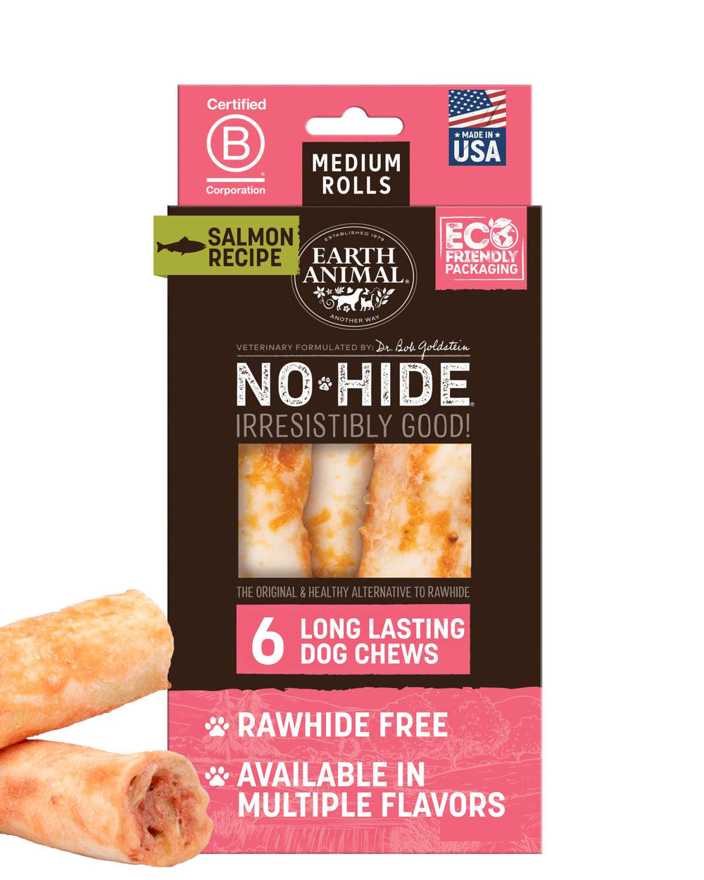 Earth Animal No Hide Chews rollos de salmón para perros medianos, masticación duradera