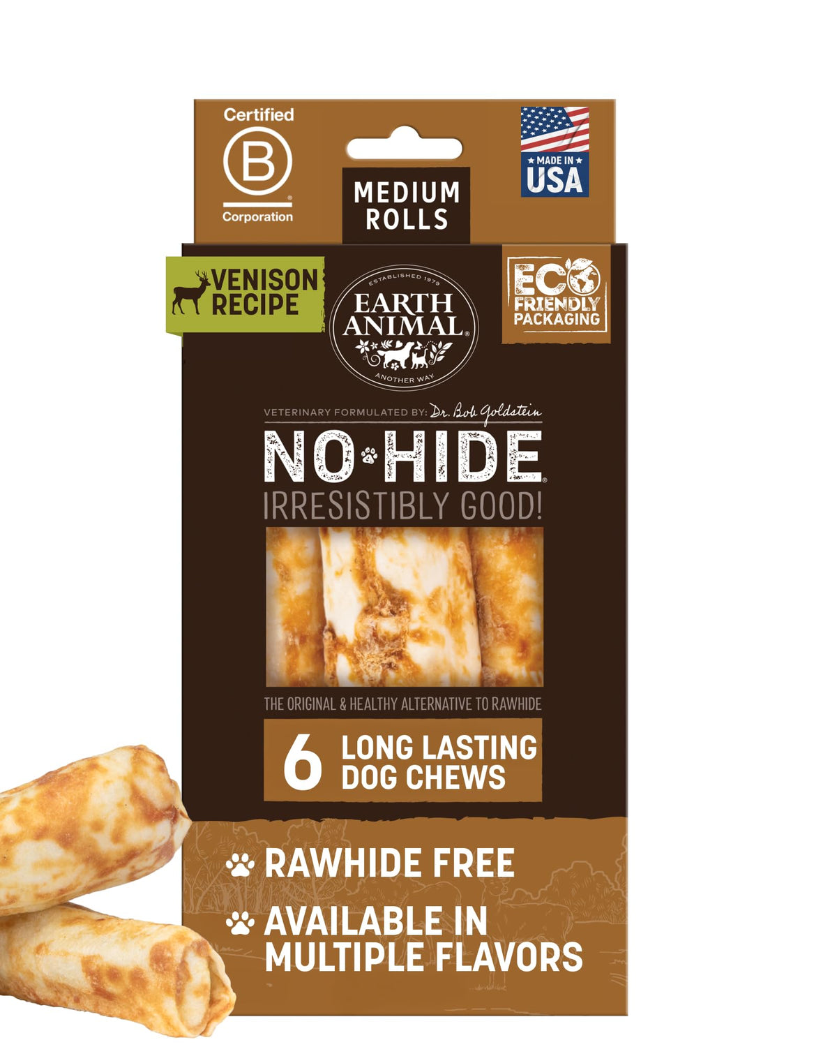 Earth Animal No Hide Chews rollos venison medianos para masticación prolongada