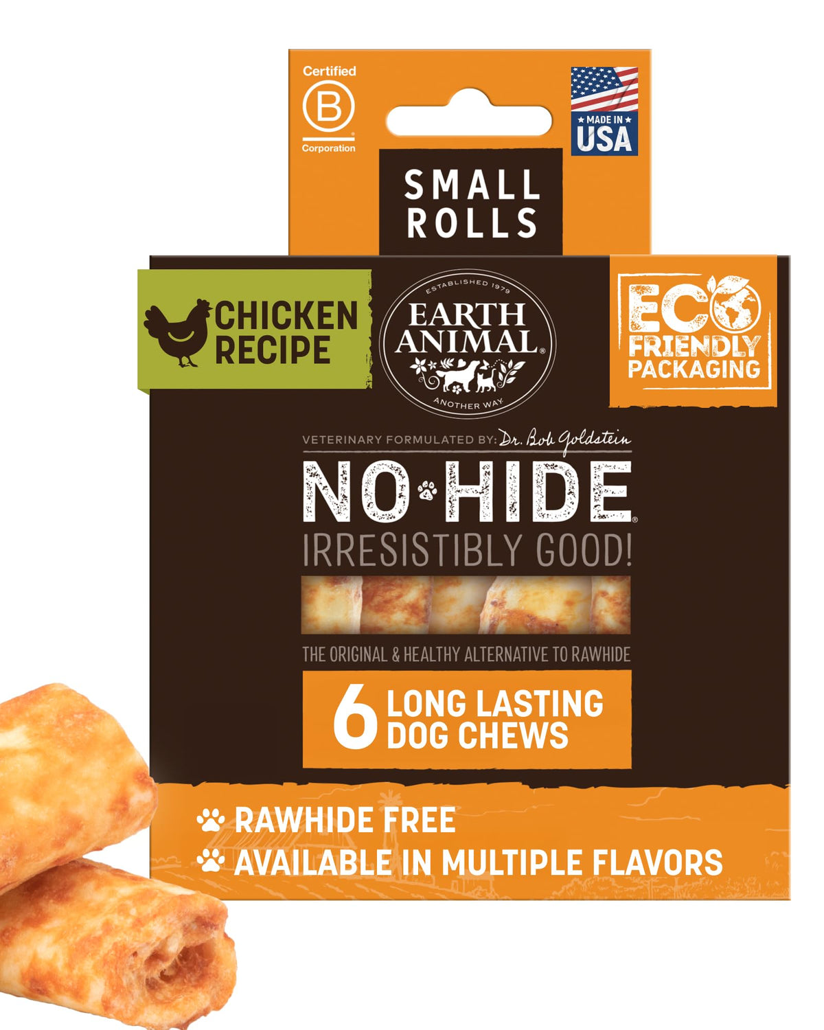 Earth Animal No Hide Chews, empaque visible, ideal para mordisqueos seguros para perros pequeños