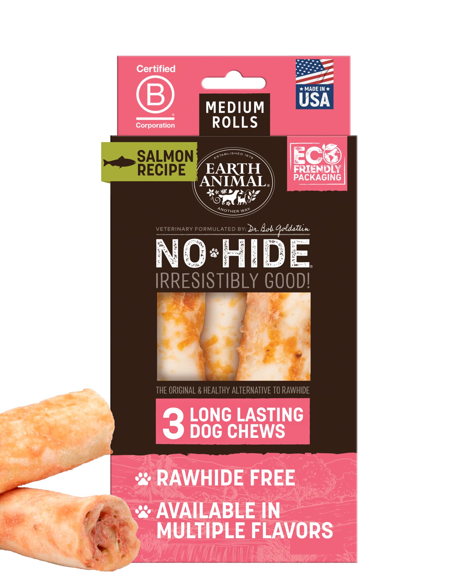 Earth Animal No Hide rollos salmón mediano, higiene dental suave para perros.