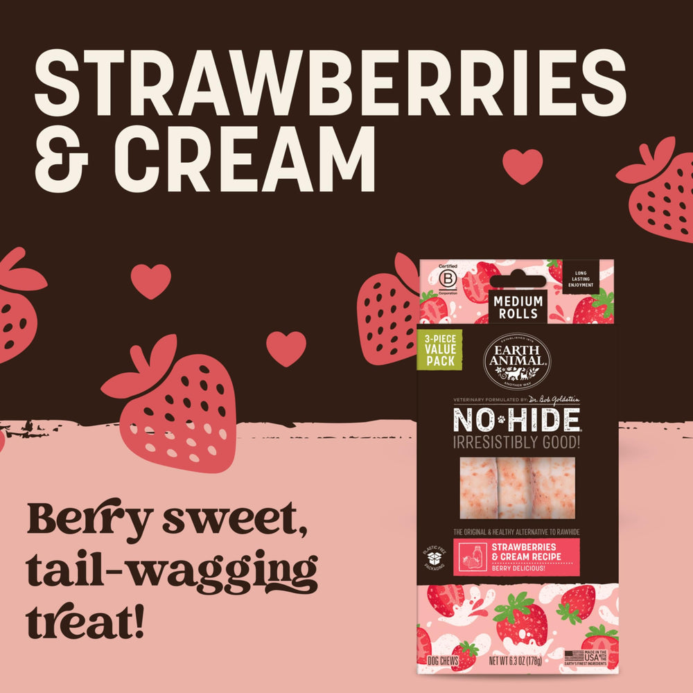 Earth Animal No-Hide Rollos Fresas y Crema, ingredientes naturales para masticar saludable.